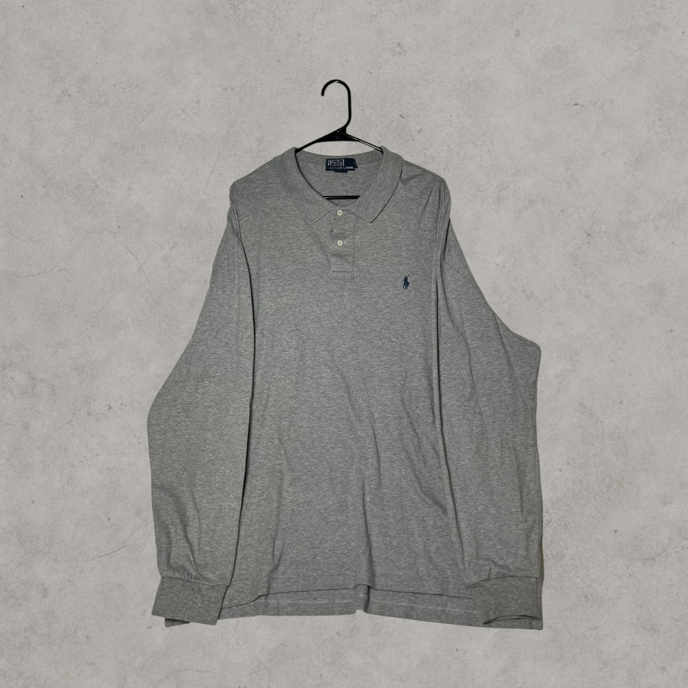 Polo Ralph Lauren Mens Long Sleeve Polo Shirt Gray Navy Blue Pony Logo L